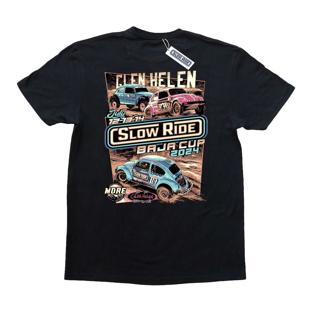 Baja Cup 24' Tee (Black) - Slow Ride Epic Slow Ride Baja Cup 2024 t-shirt featuring vibrant graphics of vintage Volkswagen bugs racing off-road in a rugged desert setting. This black slow ride shirt is perfect for fans of Off-Roading, Off-Road Racing, and the classic Baja bug culture. With its bold design, this shirt celebrates the adventurous spirit of vintage Volkswagen enthusiasts and the iconic Volkswagen bus and bug