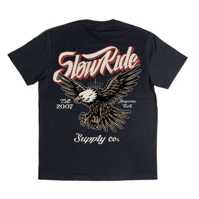 Slowride Eagle Paint Tee in Navy, back with eagle and Slow Ride script graphic