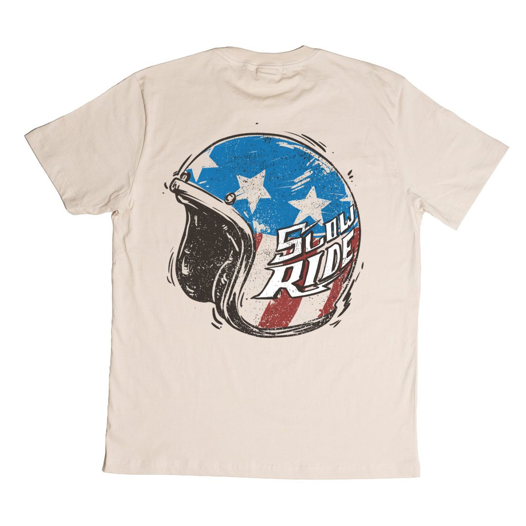 Slowride Helmet Tee in Bone, back with stars and stripes open face helmet graphic