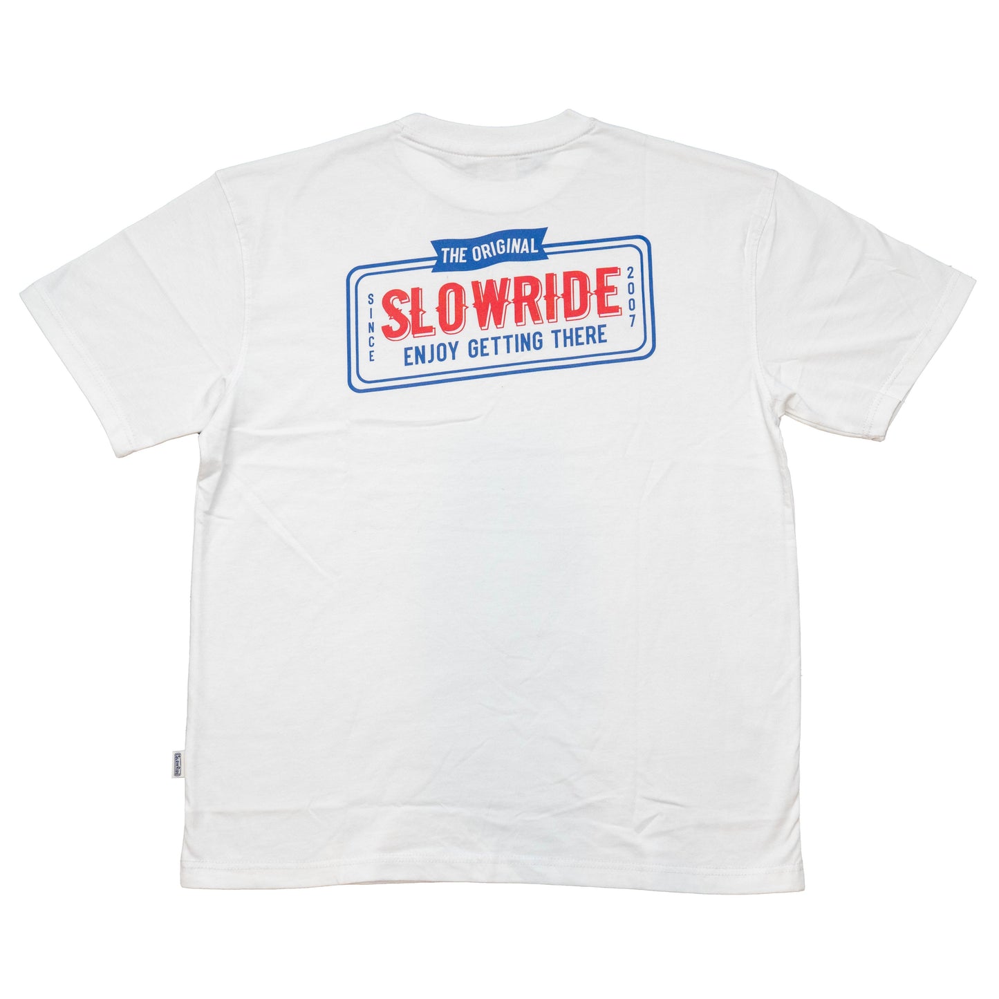 License Plate Heavyweight Tee (White) - Slow Ride- Classic Slow Ride t-shirt available in black and white, featuring a vintage-inspired license plate graphic with 'The Original Slow Ride' and 'Enjoy Getting There' text. Perfect for fans of Off-Roading, Off-Road Racing, and the vintage Volkswagen culture, including the iconic Volkswagen bus, Volkswagen bug, and Baja bug. This slow ride shirt embodies the spirit of Garage and Racing, making it ideal for blue-collar workwear enthusiasts who live by mottos like