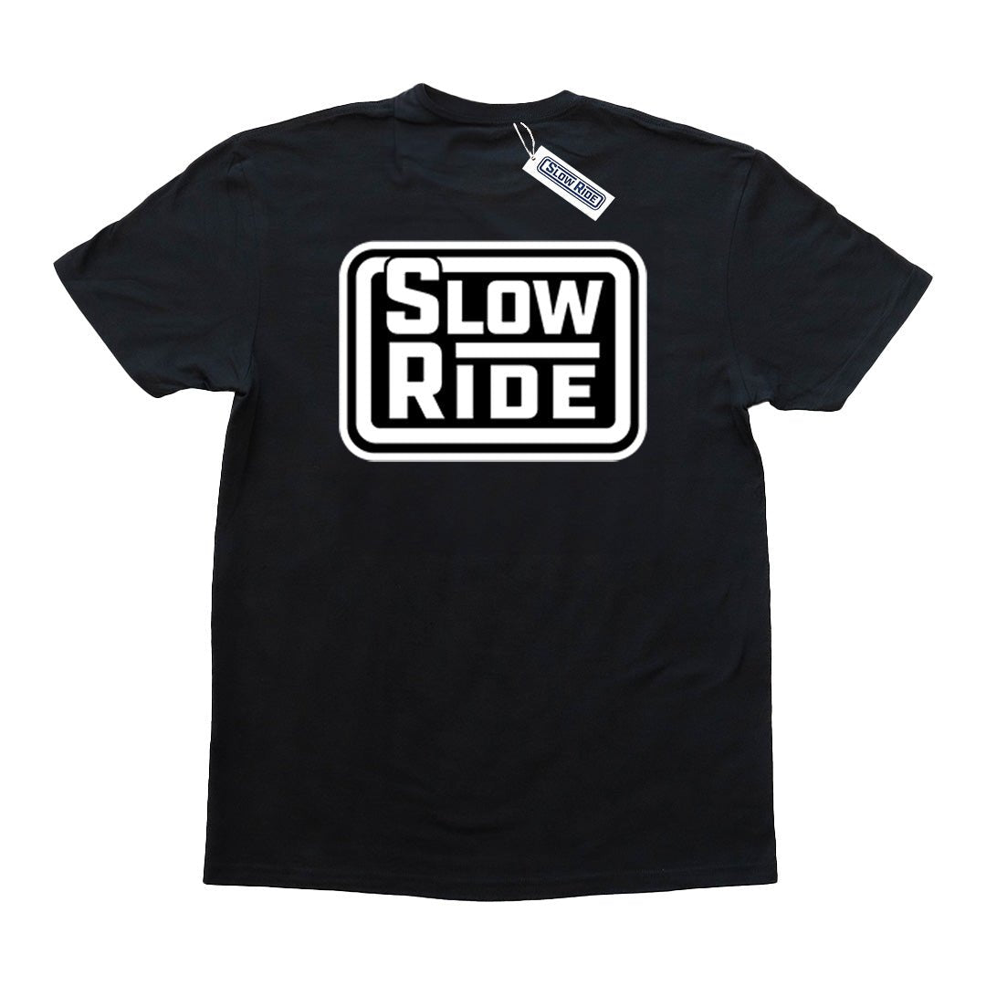 Radio Stacked Tee (Black) - Slow Ride Classic black and white Slow Ride t-shirts featuring the bold 'Slow Ride' logo on both the front and back. Ideal for Off-Roading and Off-Road Racing enthusiasts, these slow ride shirts celebrate the vintage Volkswagen culture, including the Volkswagen bus, Volkswagen bug, and Baja bug. Perfect for those who live the Garage and Racing lifestyle and embrace mottos like 'Enjoy Getting There,' 'Wheelin and Spilling,' and 'Restore and Destroy.' A must-have for blue-collar wo